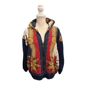 Celestial Sun Moon Baroque Quilted Zip Up Bomber Jacket Navy Red Gold XL Vintage